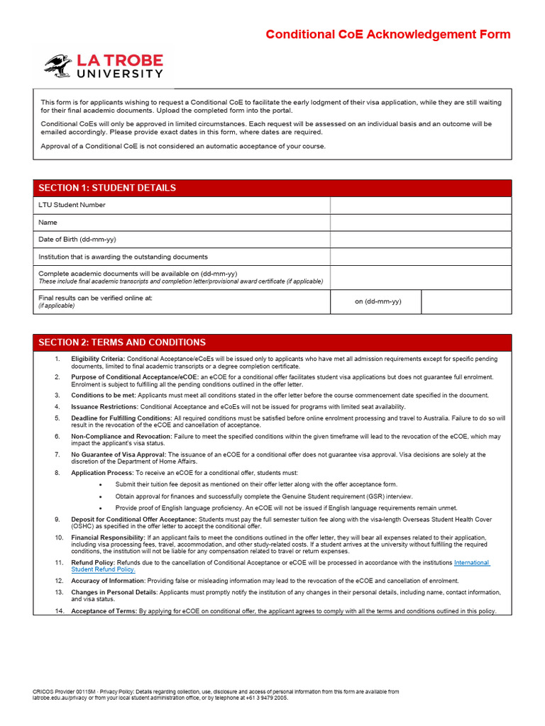 Conditional CoE Acknowledgement Form - La Trobe University | PDF ...