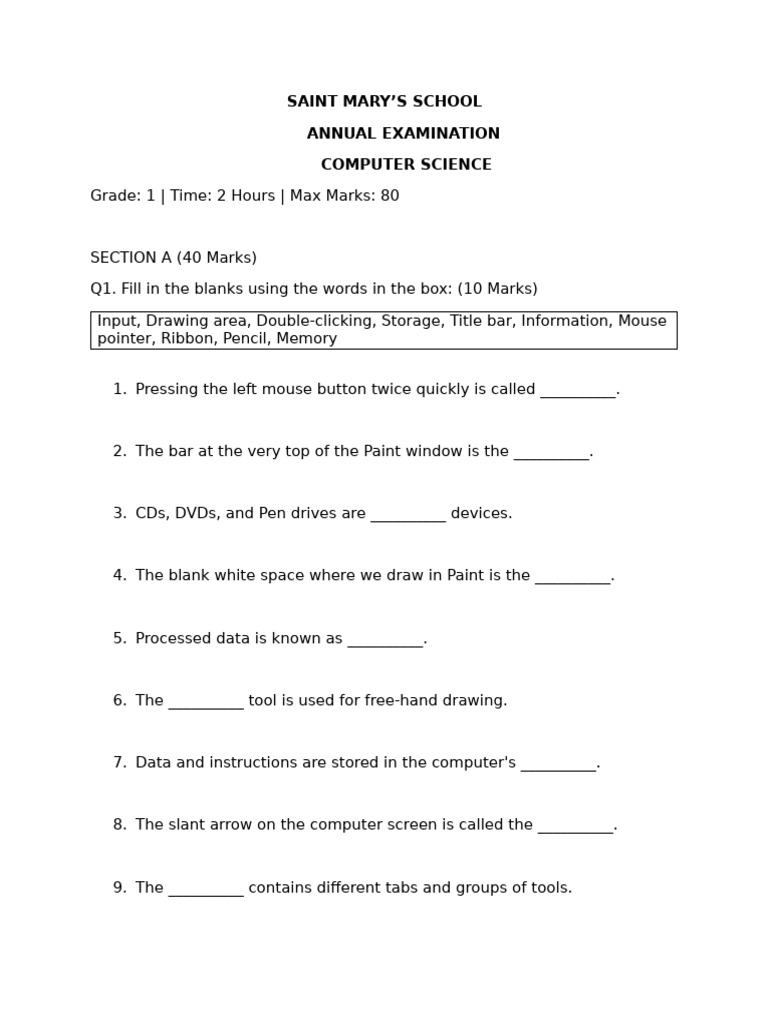 Std 1 Computer Question Paper Annual Exam | PDF | Window (Computing ...