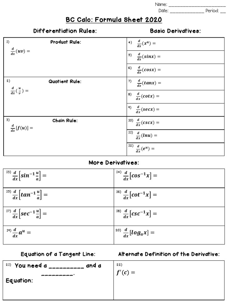 Bc Formula Sheet Final | PDF | Derivative | Acceleration