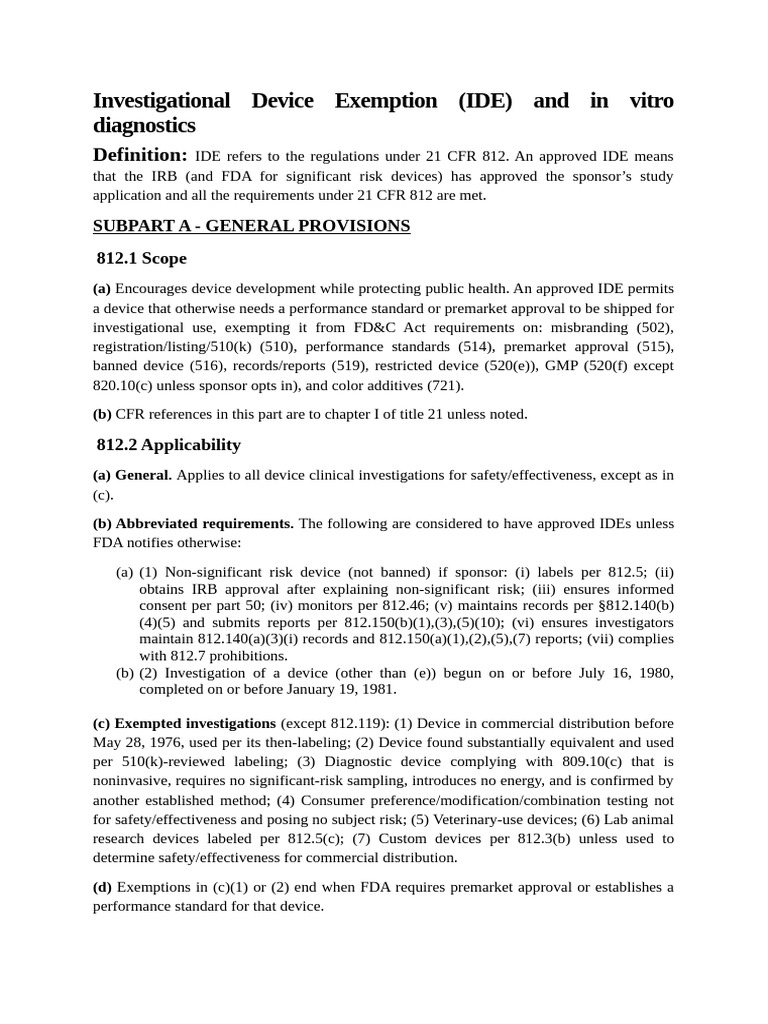 IDE & IVD | PDF | Food And Drug Administration | Federal Food