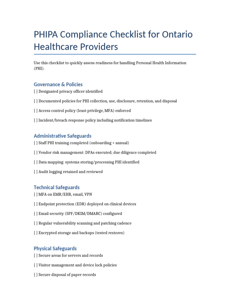 PHIPA Compliance Checklist | PDF