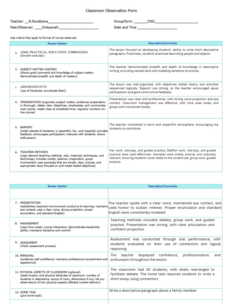 2 ClassroomObservationForm (17) | PDF | Teachers | Teaching Method