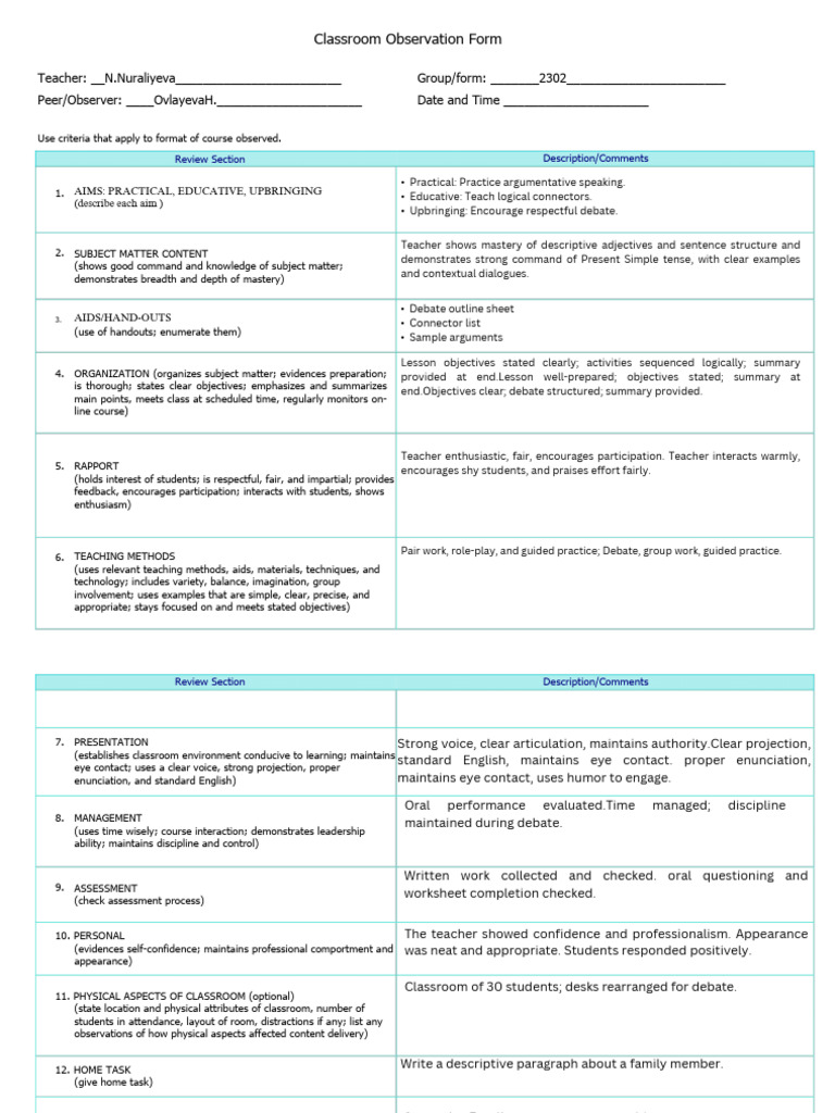 2 ClassroomObservationForm (15) | PDF | Classroom | Teachers