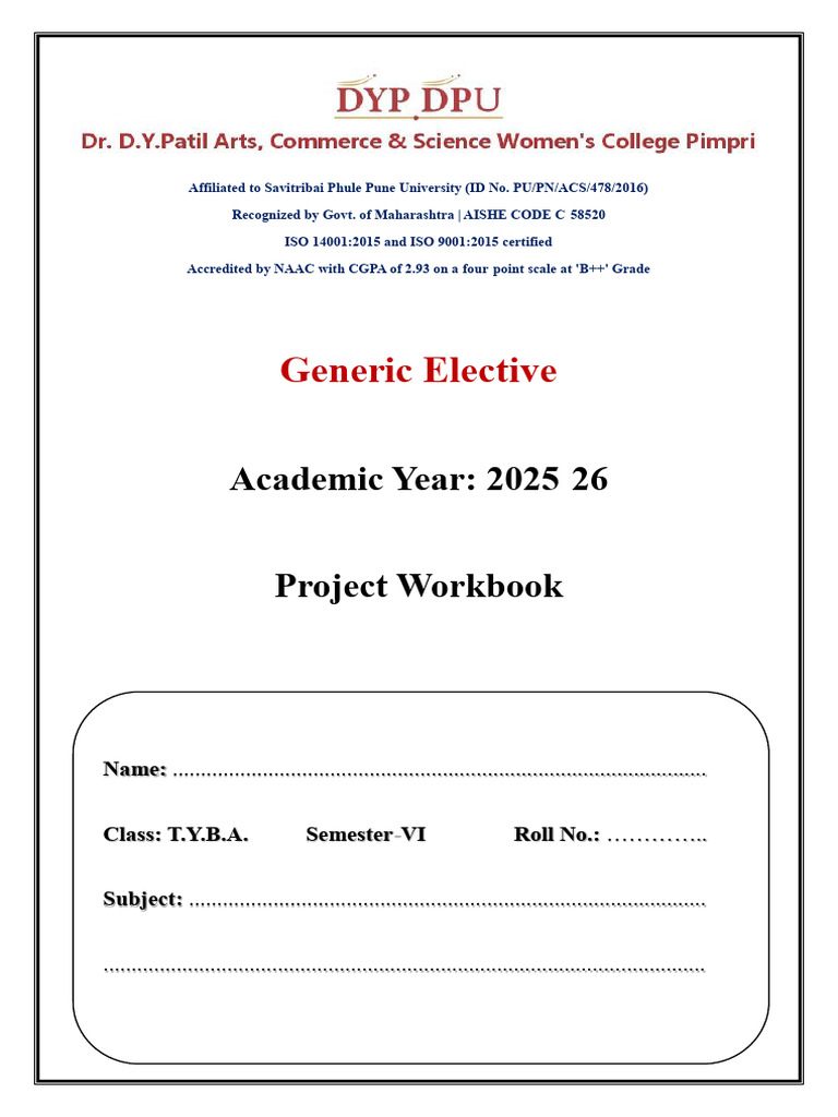 Generic Elective Project Workbook(Font Page) SEM-VI | PDF