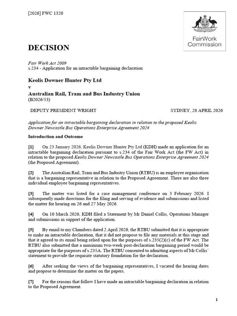 Fair Work Ruling - Keolis Downer vs RTBU Intractable Bargaining ...