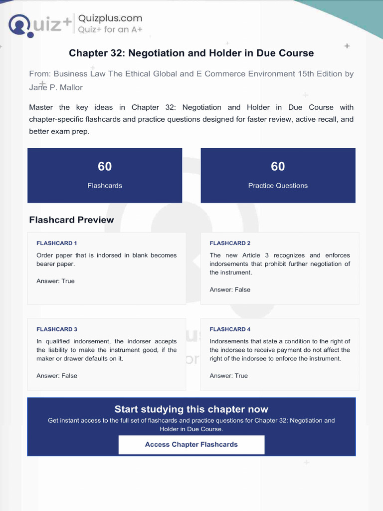 Flashcards for Chapter 32 Negotiation and Holder in Due Course | PDF