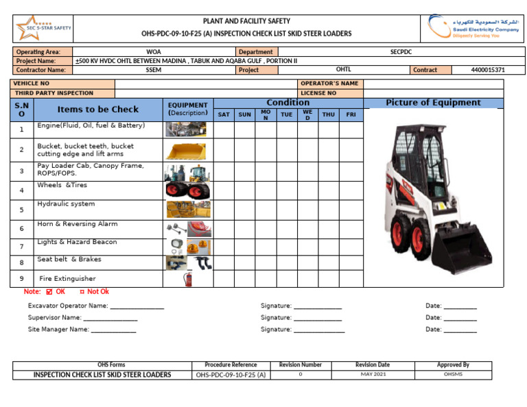 Ohs-pdc-09-10-f25 (a) Daily Inspection Checklist -Skid Steer Loaders | PDF