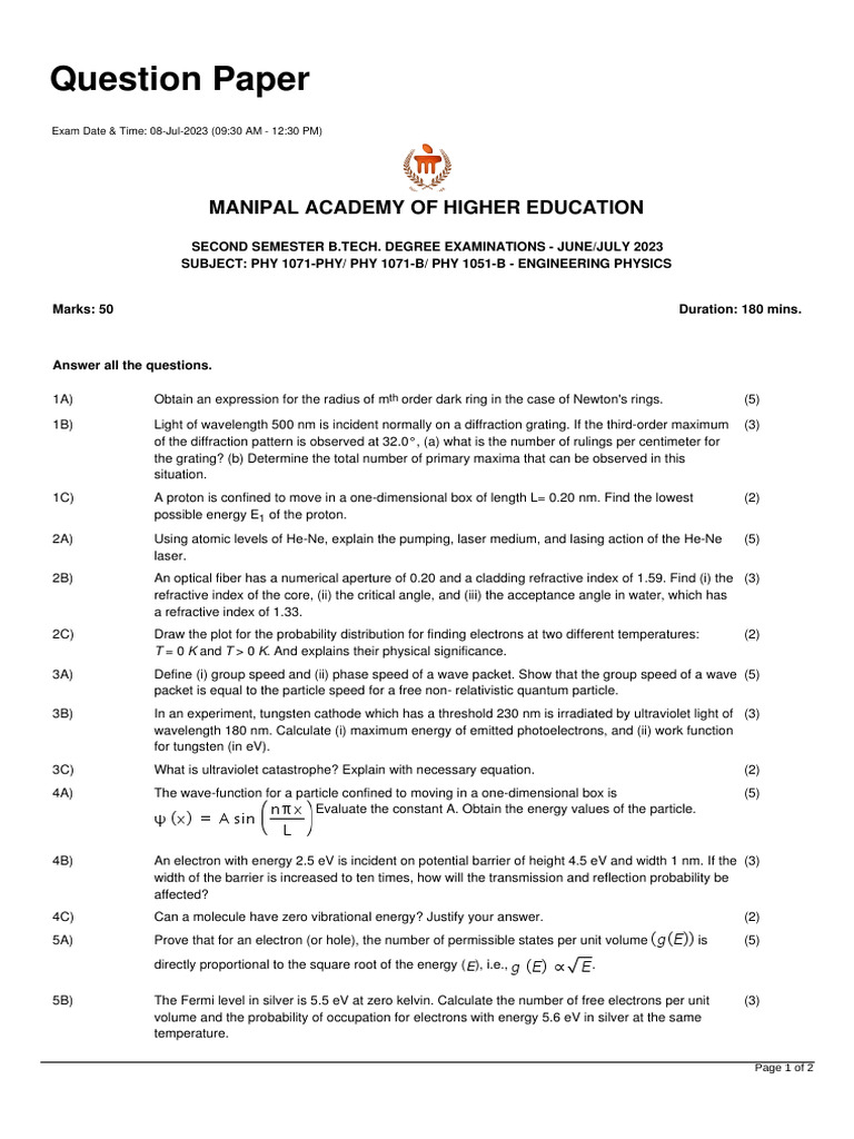 Engineering Physics (PHY 1071) (Makeup) | PDF | Electron | Laser