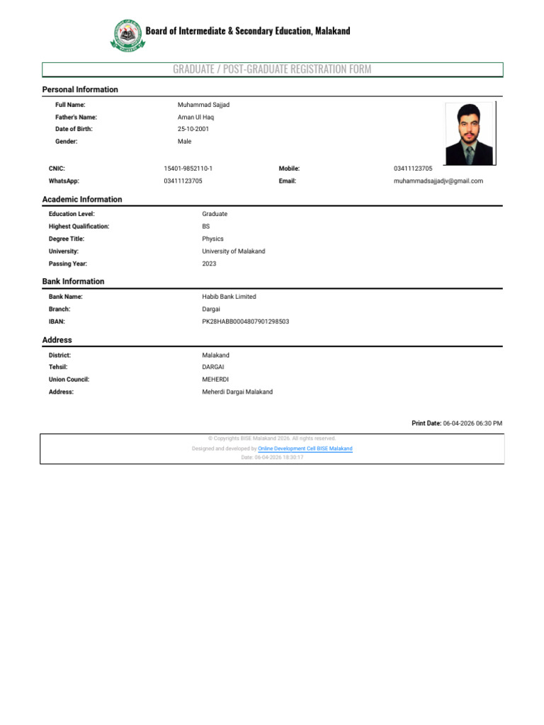 BISE Malakand - Graduate _ Post-Graduate Registration Form (1) | PDF