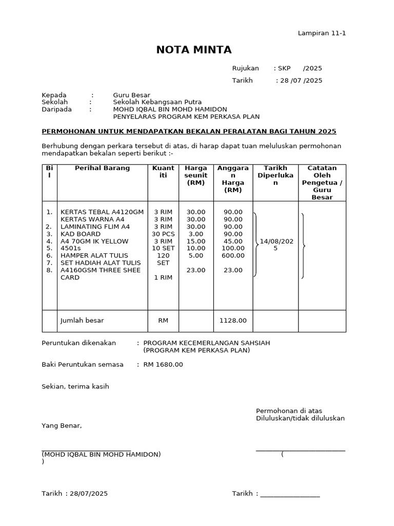 Nota Minta Peralatan Bbm Plan | PDF
