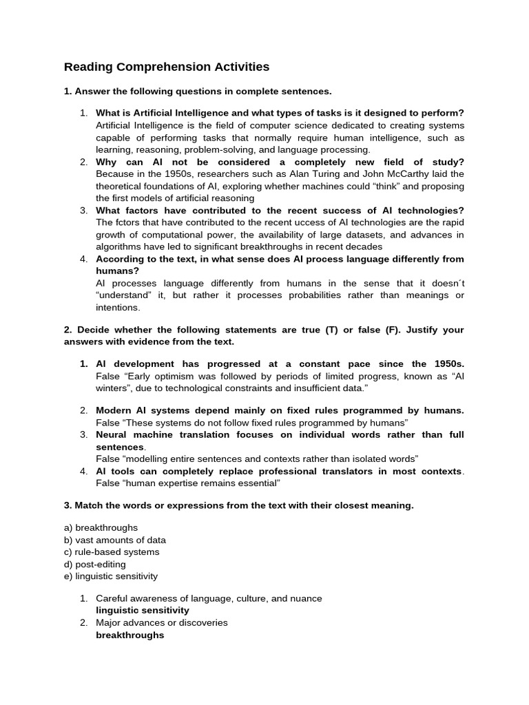 Reading Comprehension Activities | PDF | Artificial Intelligence ...