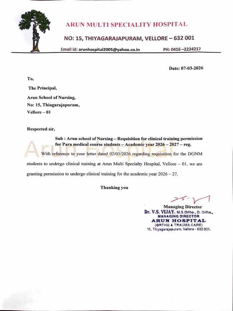 Arun Hospital Letter 2026-27 | PDF