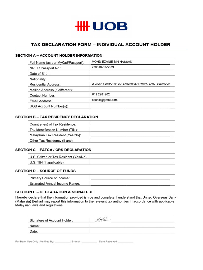 UOB Tax Declaration Form Individual | PDF | Government And Personhood