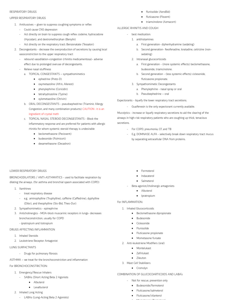 Mini notes 4 PHARMA_RESPI | PDF | Pharmacology | Drugs