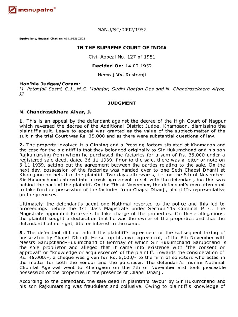 Hemraj_vs_Rustomji_14021952__SCS520092COM39202 | PDF | Lawsuit | Estoppel