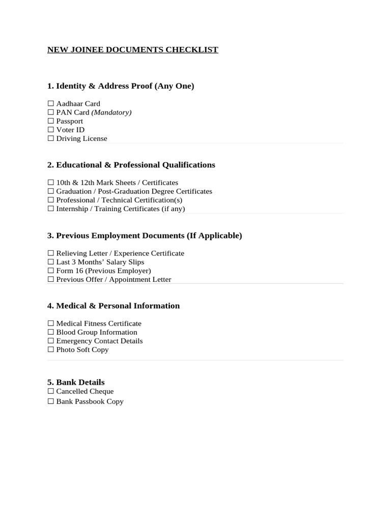 New Joinee Document Checklist | PDF