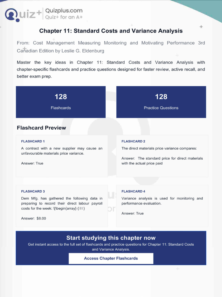 Flashcards for Chapter 11 Standard Costs and Variance Analysis | PDF