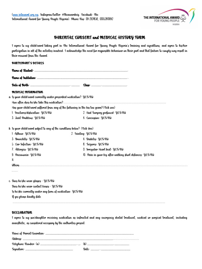 Parental Consent and Medical History Form | PDF | Clinical Medicine ...