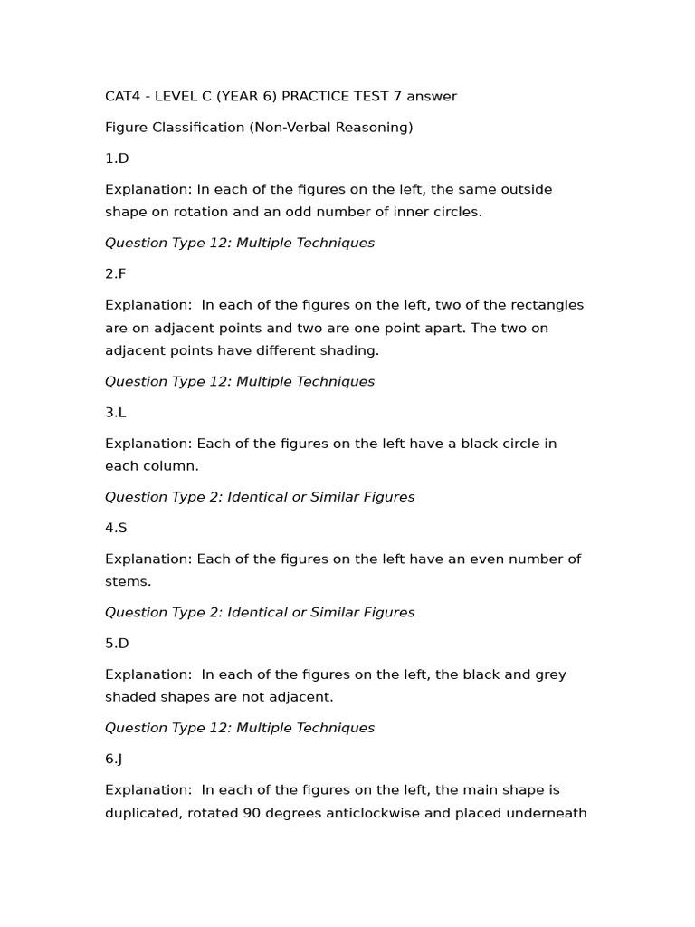Cat4 - Level c (Year 6) Practice Test 7 Answer | PDF | Shape ...