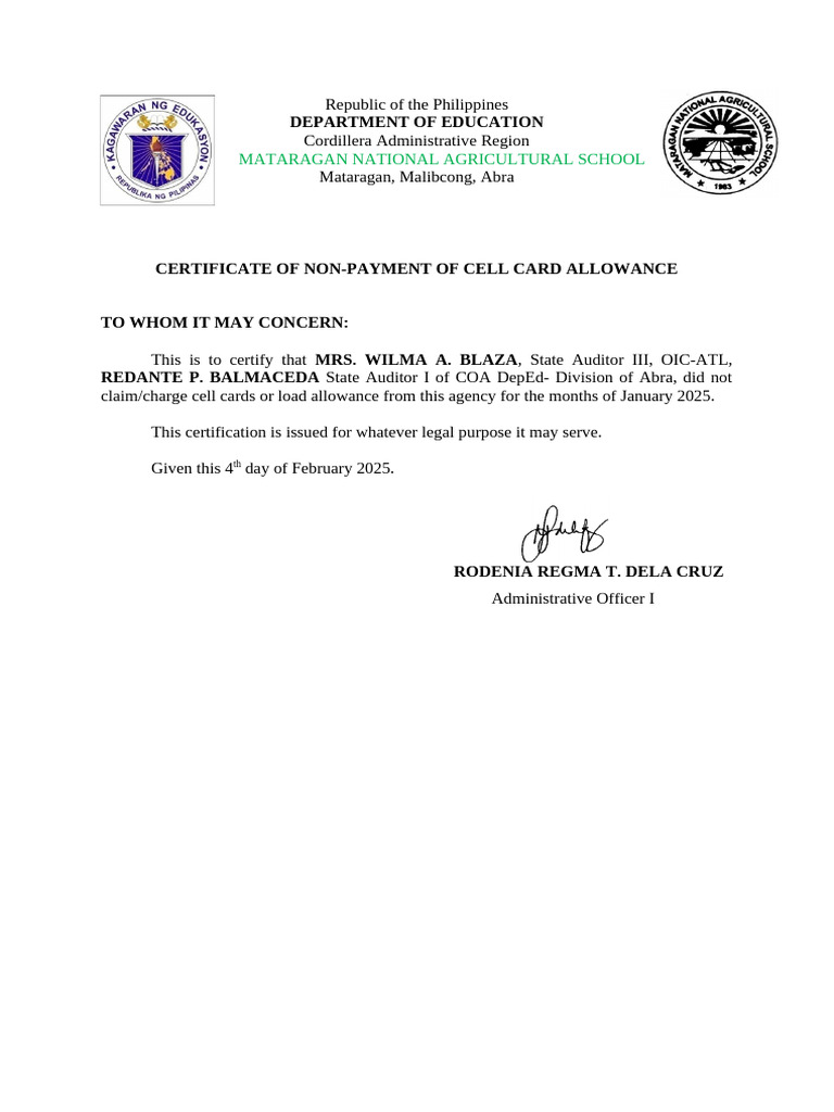 Certificate of Non Payment of Load Allowance | PDF