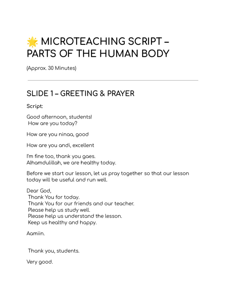 ? MICROTEACHING SCRIPT – PARTS OF THE HUMAN BODY | PDF