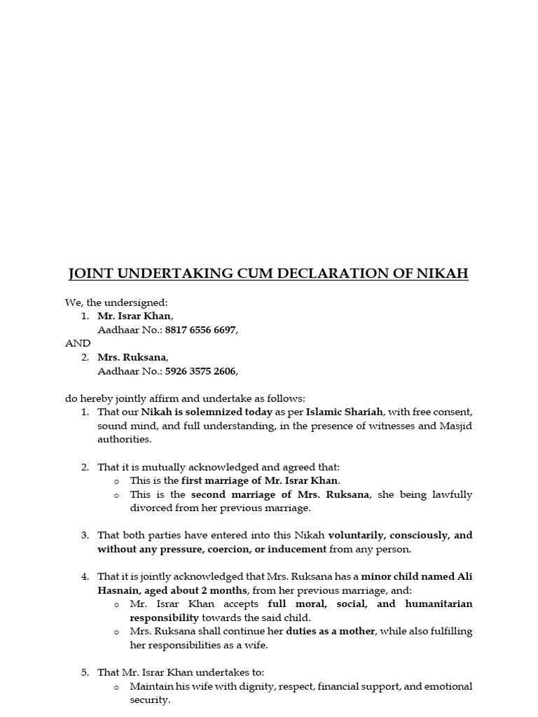 JOINT UNDERTAKING CUM DECLARATION OF NIKAH | PDF | Marriage | Marriage ...