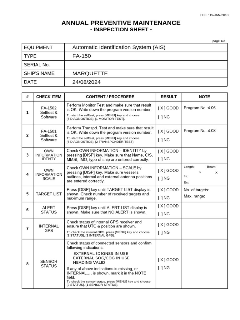 AIS FA-170 APM Inspection Sheet | PDF