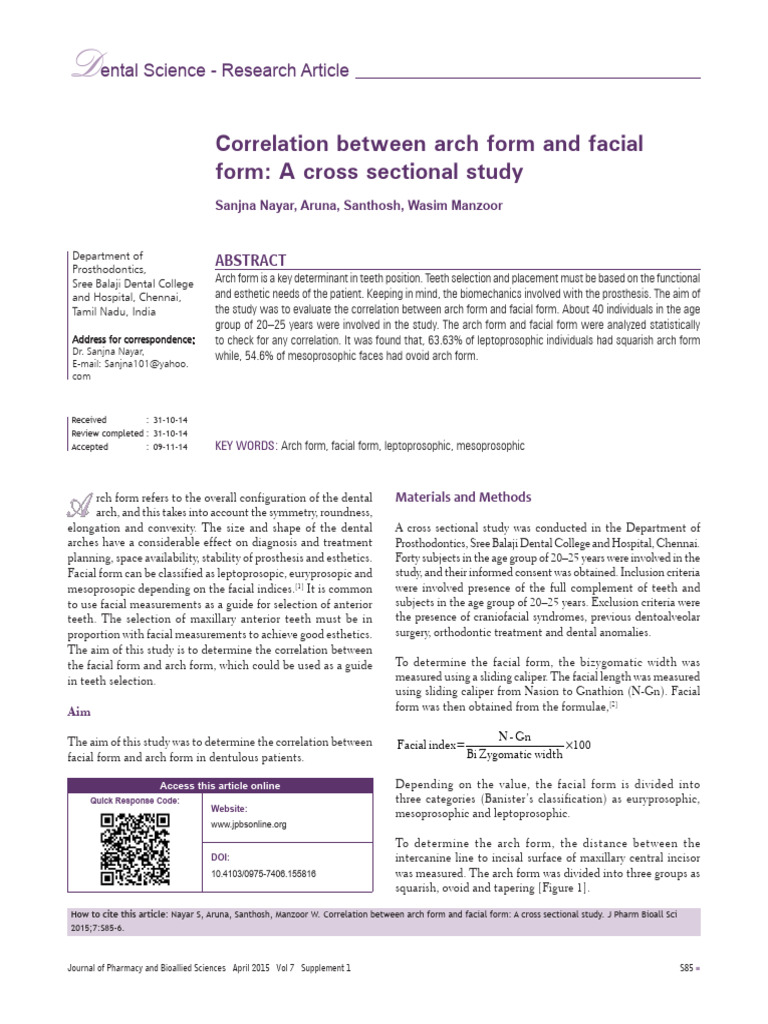 Correlation Between Arch Form and Facial Form a.27 | PDF ...