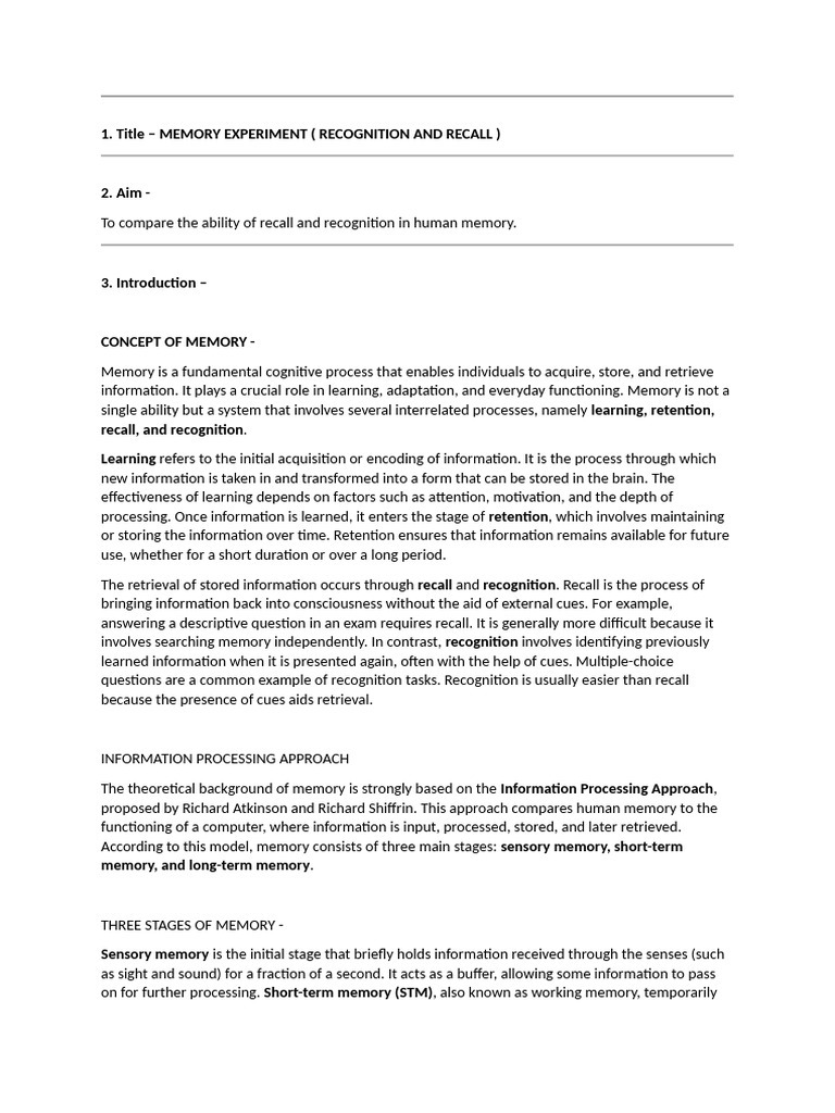 MEMORY experiment psychology | PDF | Recall (Memory) | Memory