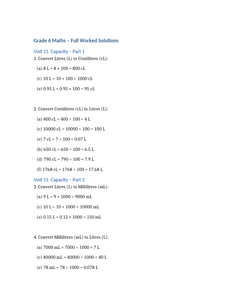 Grade 6 Maths Worked Solutions | PDF | Litre | Volume