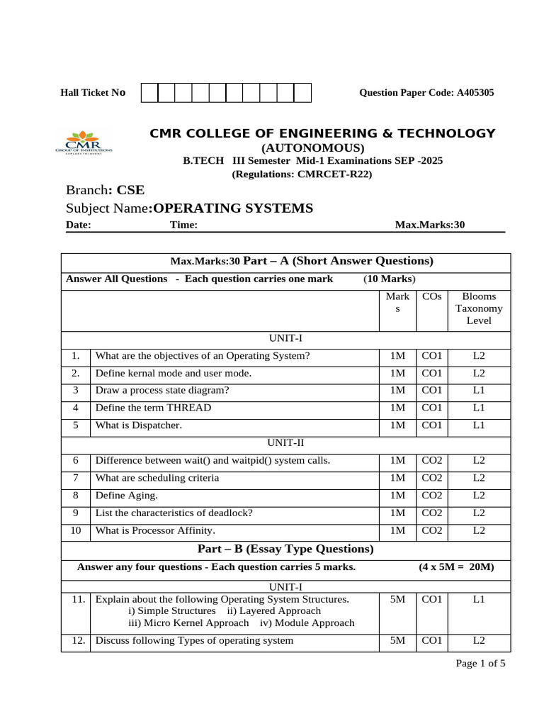 Os Mid-1 Qp Set1&2 Cse-2025 | PDF | Scheduling (Computing) | Central ...