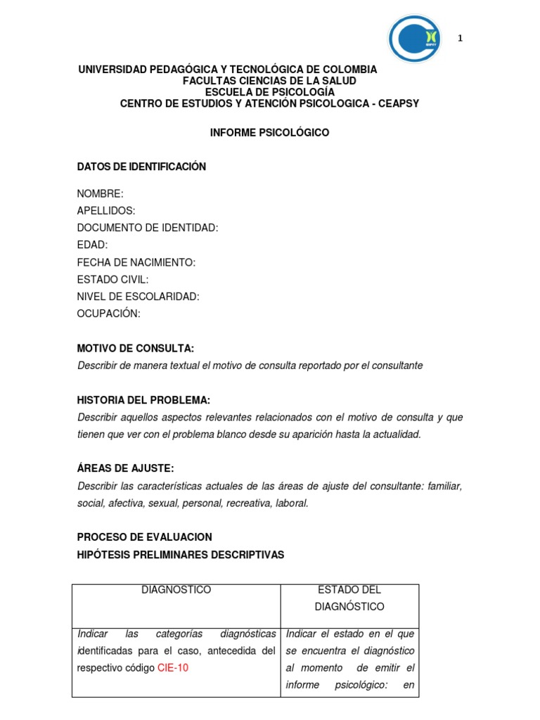 Formato Informe Psicológico Diagnostico medico