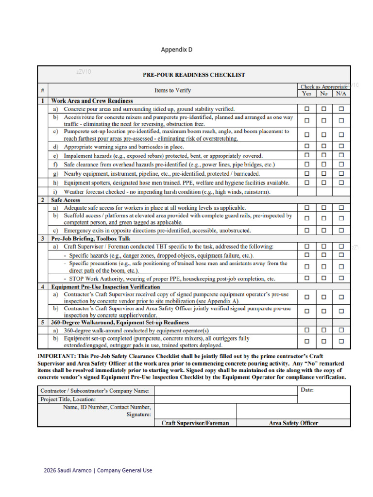 Appendix D-Pre-Pour Readiness Checklist | PDF