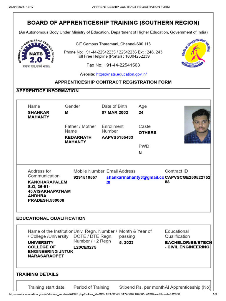Apprenticeship Contract Registration Form | PDF | Apprenticeship | Justice
