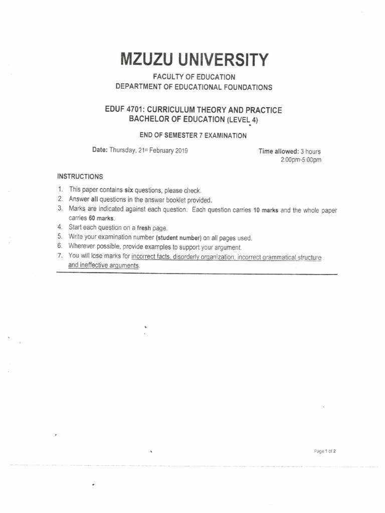 EDUF 3603 Curriculum Theory and Practice End of Semester Examination 21 ...