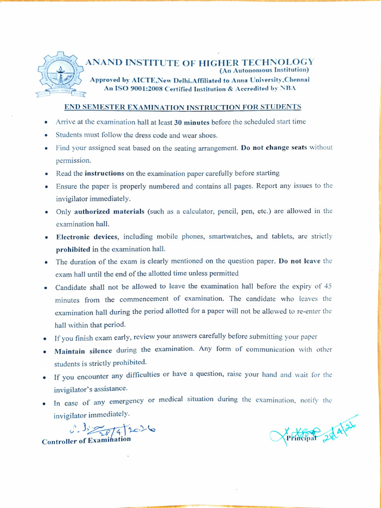 Instructions for Students End Sem April May 2026 | PDF
