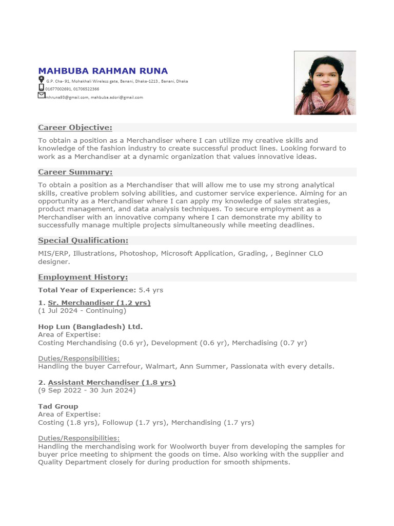Mahbuba Rahman Runa CV | PDF