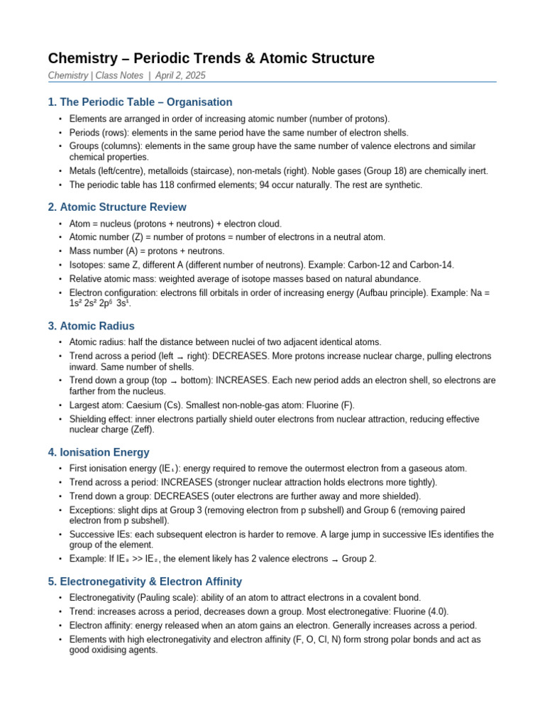 chemistry_periodic_trends_notes | PDF | Periodic Table | Atoms