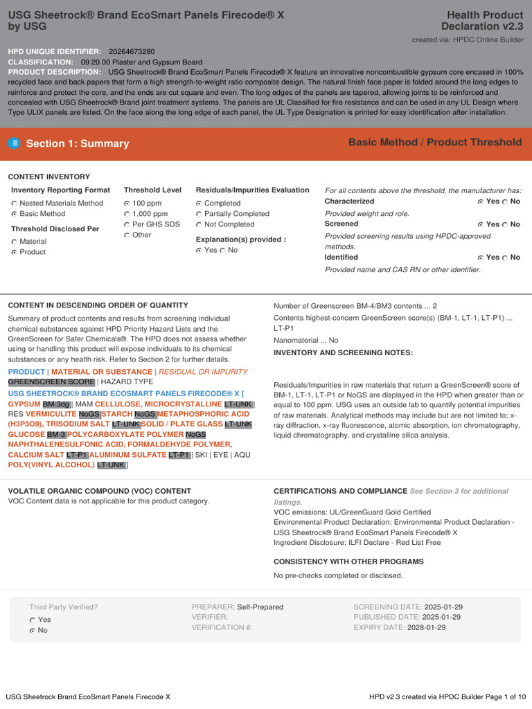 90 USG Sheetrock Brand EcoSmart Panels Firecode X (1) | PDF | Chemistry ...