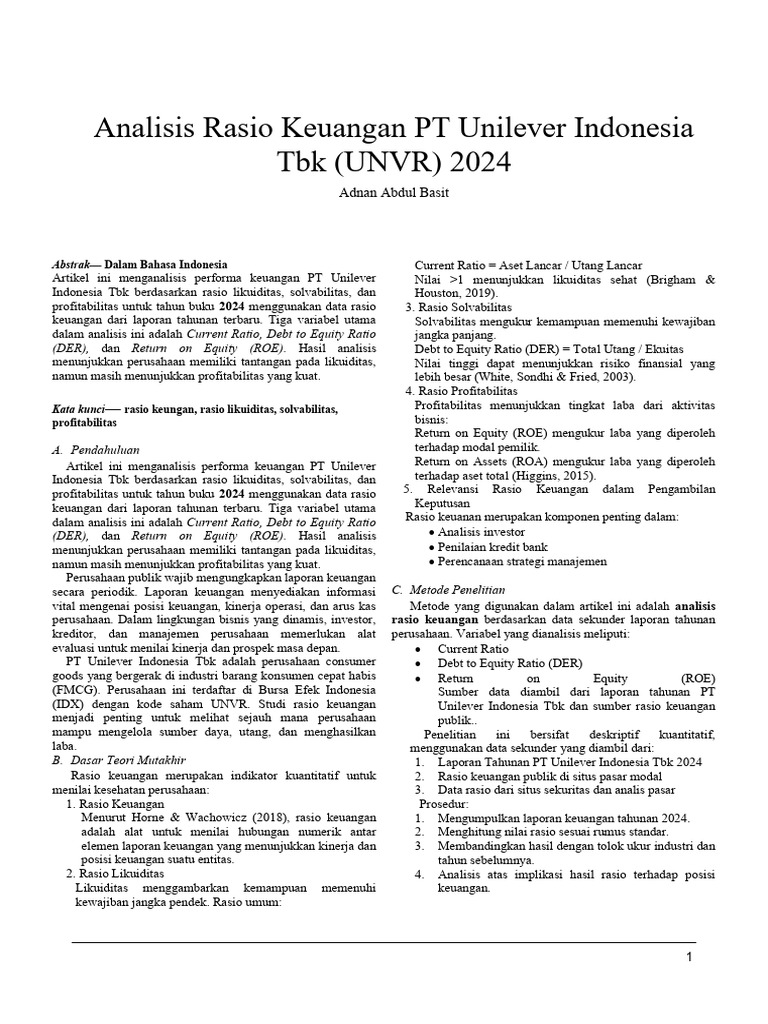 Artikel_Analisis Rasio Keuangan PT Unilever Indonesia Tbk (UNVR) 2024 ...