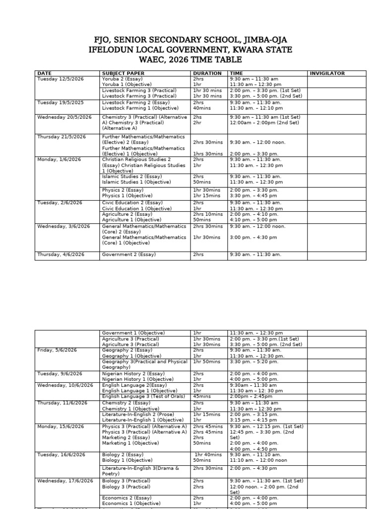 WAEC, 2026 (Time Table) | PDF