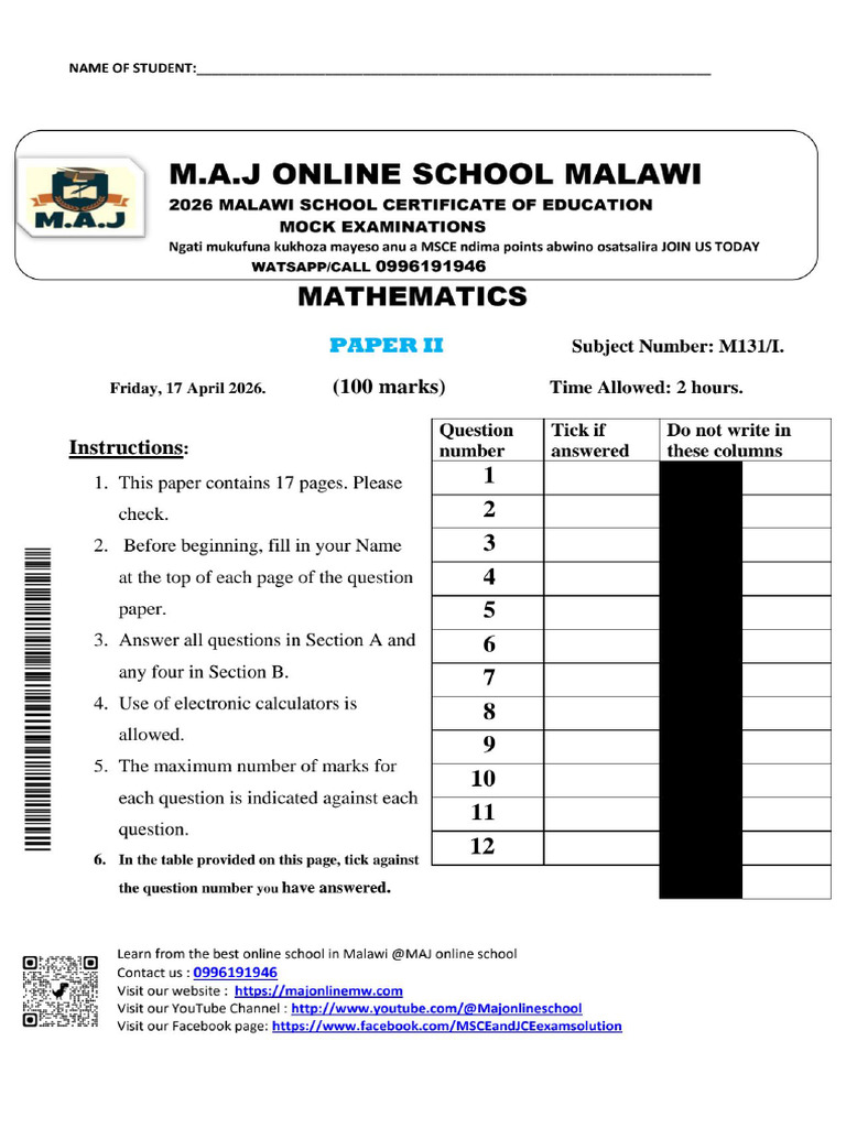 2026 Mock Mathematics Paper II | PDF
