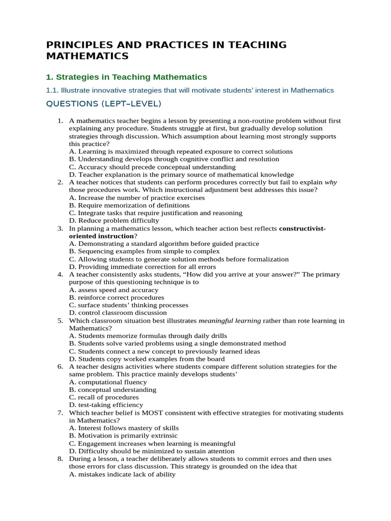 TOS BASED Principles and Practices in Teaching Mathematics | PDF ...