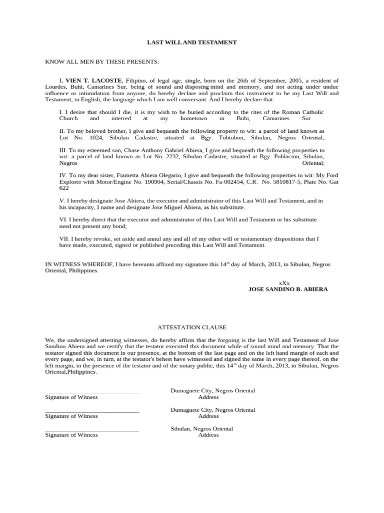 Legal Form_last Will and Testament | PDF | Will And Testament | Civil ...