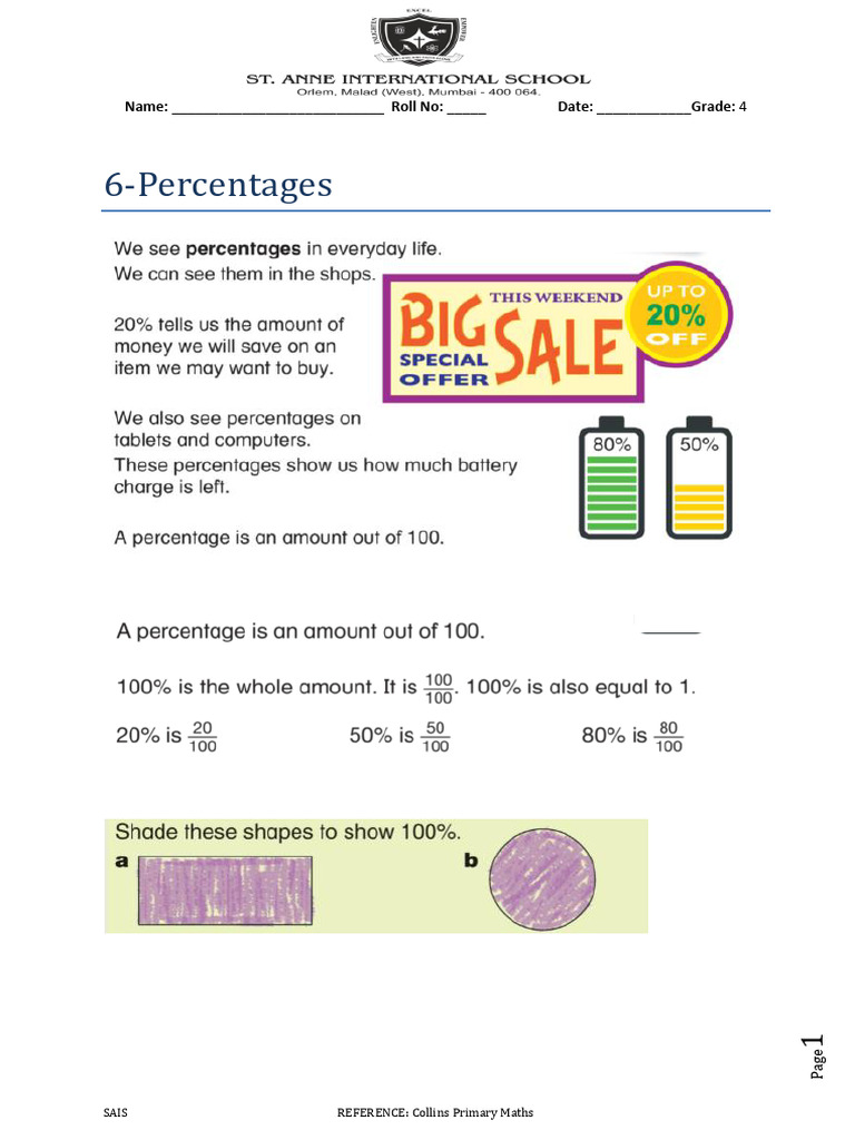Percentage - Worksheet 1 | PDF
