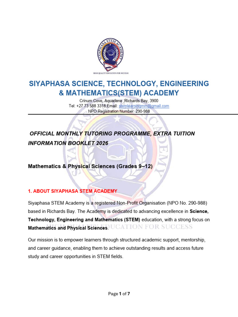 Siyaphasa Stem Academy – Information Booklet 2026-4 | PDF | Mentorship ...