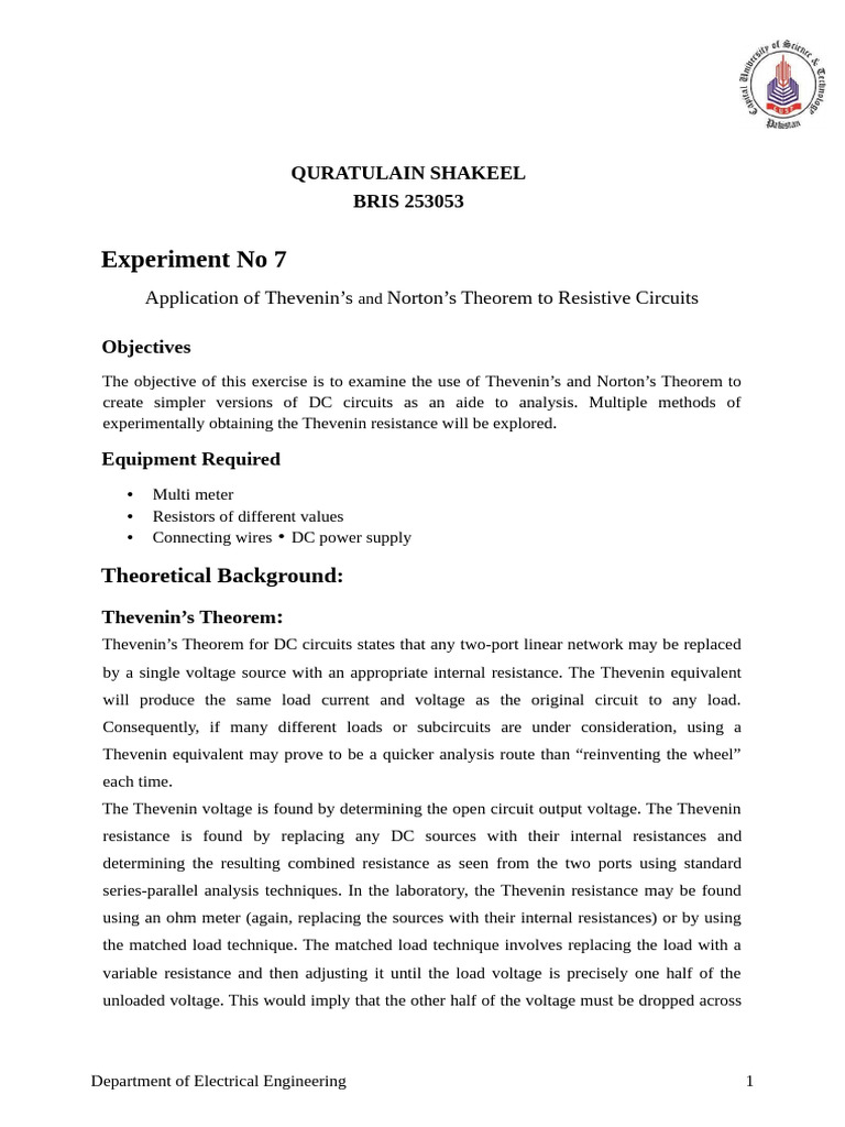 Quratulain Shakeel Bris 253053 Lab No o7 Circuit Analysis | PDF ...