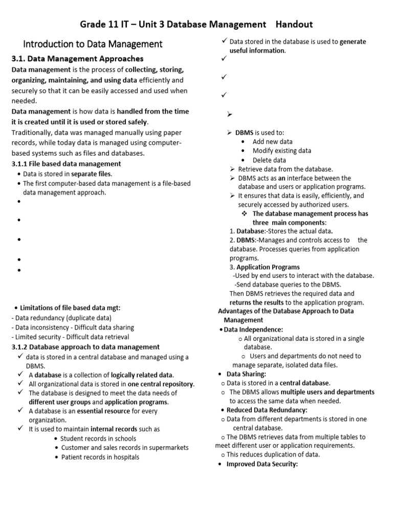 Grade 11 IT.unit 3 Handout | PDF | Relational Model | Relational Database