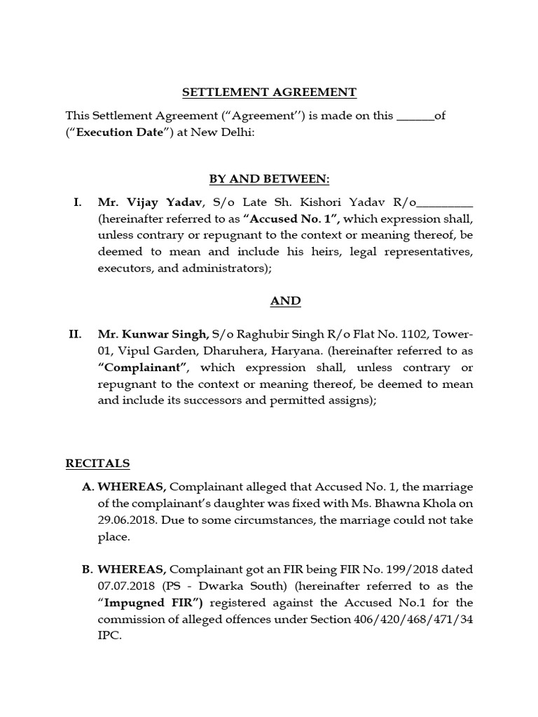 Settlement Agreement Final | PDF | Affidavit | Common Law