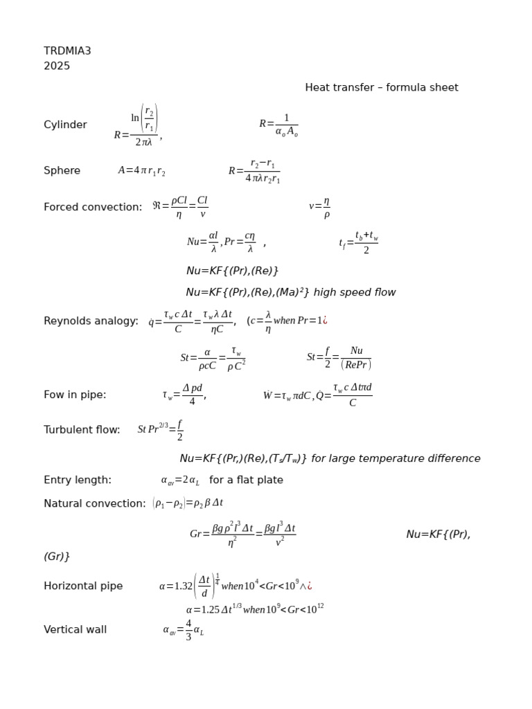 Formula Sheet Heat Transfer 2026 | PDF | Transport Phenomena ...